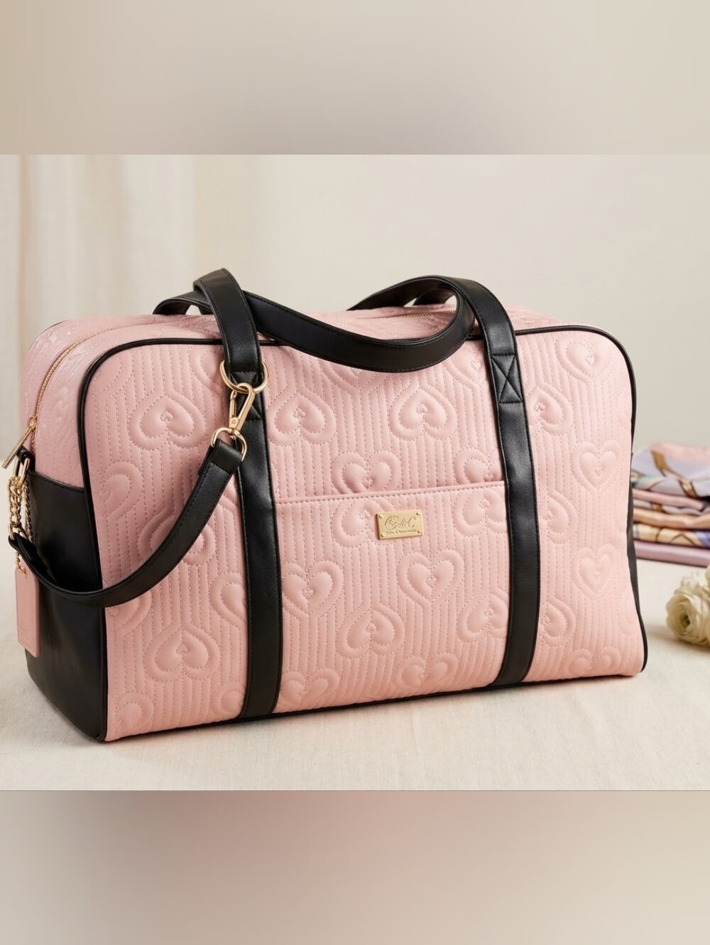 Luv Betsey by Betsey Johnson Pink Floral Heart Quilted Weekender Duffel Bag